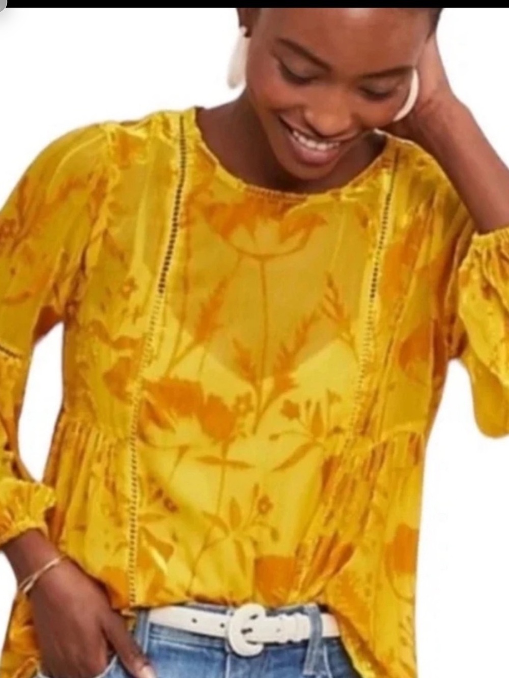 Anthropologie Meadow Rue Yellow Floral Sheer Blouse, size 0P